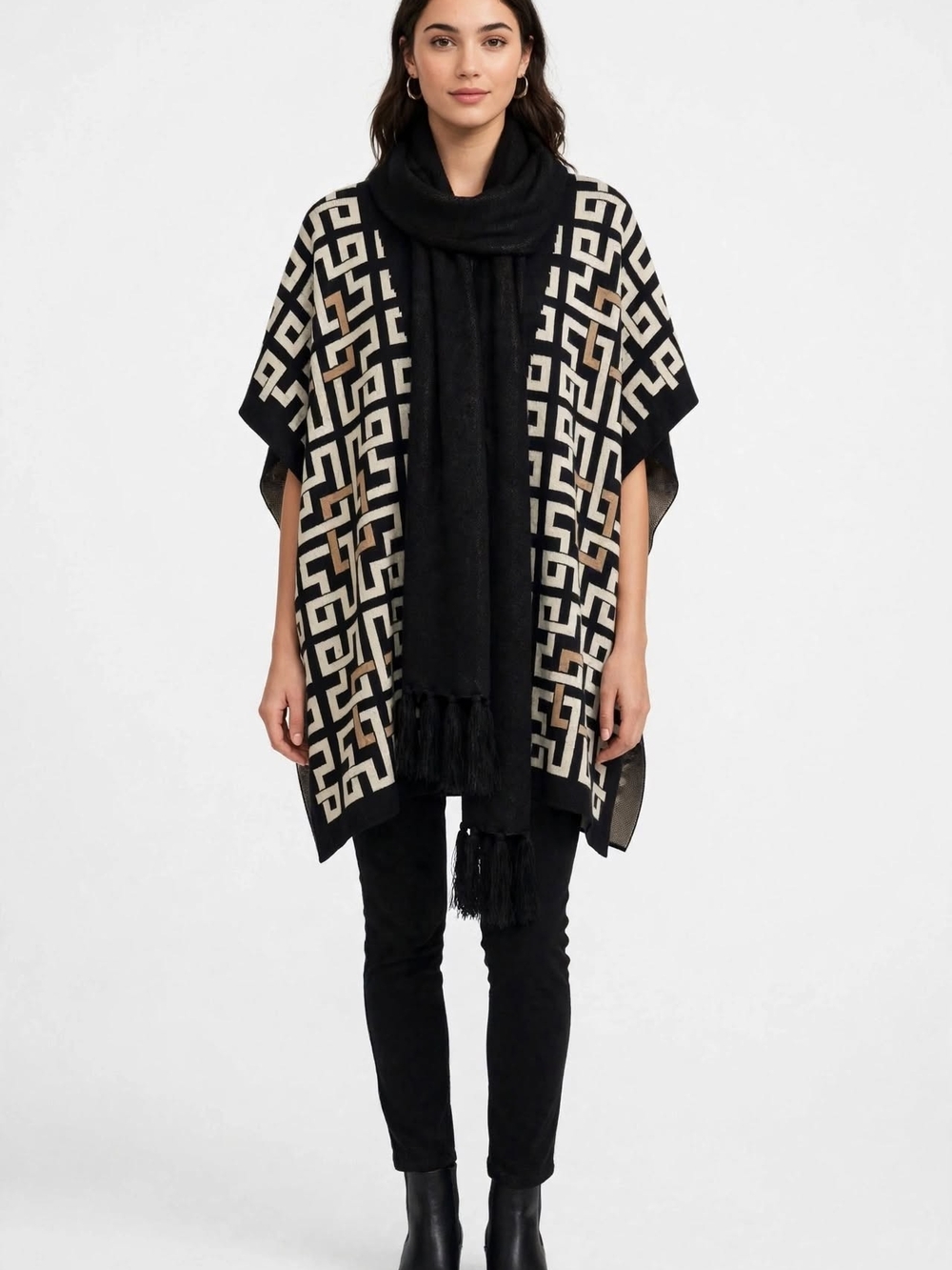 Vintage 90s Anne Klein Geometric Greek Key Ruana Poncho S Black Beige Fringe Sca